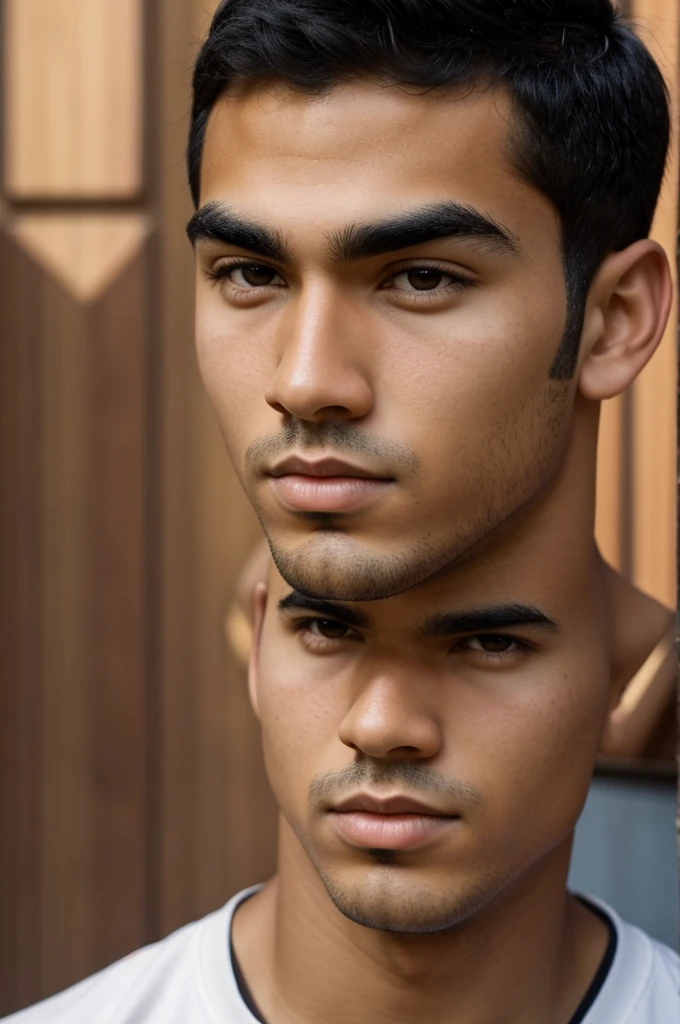 Mixed-race boy with black hair and brown eyes, thick eyebrows and long face