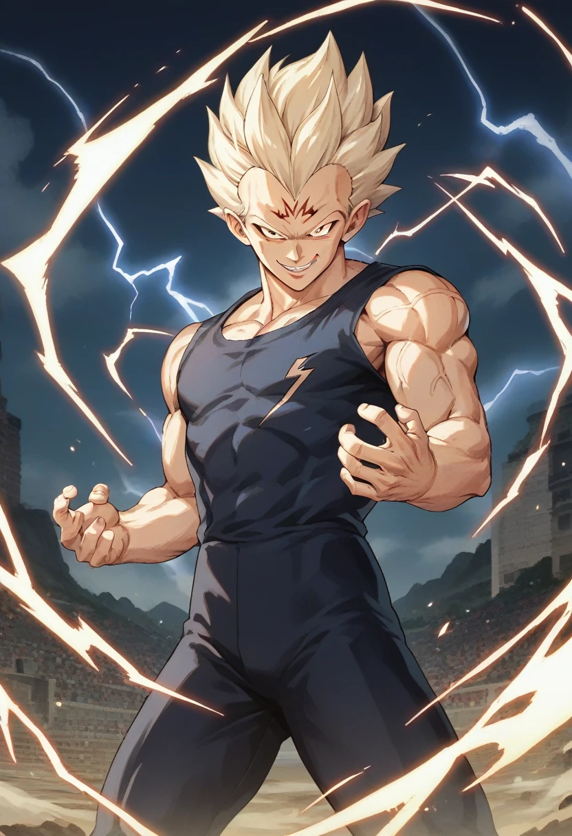 masterpiece, score_9, source_anime, score_8_up, score_7_up, great background, 1boy, solo, perfect face, perfect eyes, perfect anatomy, sky, lightning, dynamic pose, dynamic composition, action scene, action pose, evil smile, golden aura