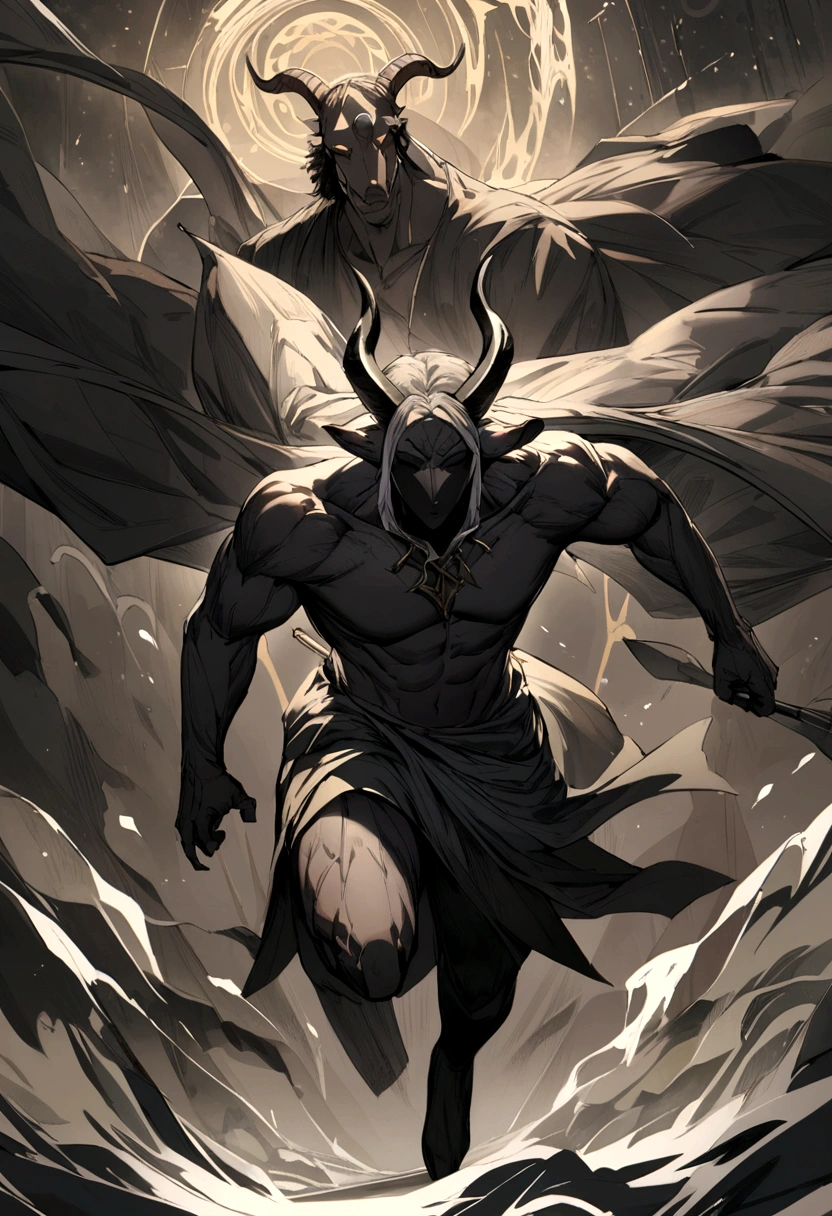man wearing black goat head black mask grandfather of black hair goat goat and black atreus head mythical human running