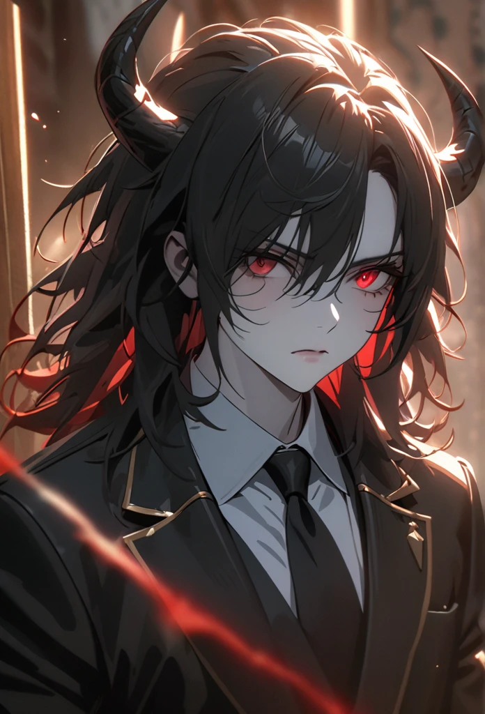 (solo), Demon lord, masculine, black hair, messy hair, mane hair, medium hair, A man bun with long hair, dense hair, wild hair, expressive hair, mature,(25 year old), pale skin, red eyes, ((man)), wearing a black Suit, black tie, black demon horns,, serious, handsome, attractive, eye reflection, depth of field, thunder aura,cinematic lighting, ray tracing, depth of field, cinematic lighting, ray tracing, UHD, high details, best quality, highres, high quality, award winning, super detail, masterpiece, 8k, UHD, high details, best quality, highres, high quality, award winning, super detail, masterpiece, 8k, digital art, anime coloring, full body, body shot, good face, perfect face, detailed face, good eyes, sitting on a throne
