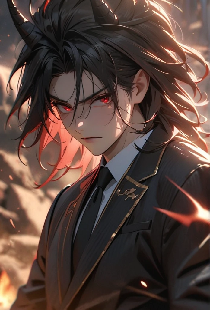(solo), Demon lord, masculine, black hair, messy hair, mane hair, medium hair, A man bun with long hair, dense hair, wild hair, expressive hair, mature,(25 year old), pale skin, red eyes, ((man)), wearing a black Suit, black tie, black demon horns,, serious, handsome, attractive, eye reflection, depth of field, thunder aura,cinematic lighting, ray tracing, depth of field, cinematic lighting, ray tracing, UHD, high details, best quality, highres, high quality, award winning, super detail, masterpiece, 8k, UHD, high details, best quality, highres, high quality, award winning, super detail, masterpiece, 8k, digital art, anime coloring, full body, body shot, good face, perfect face, detailed face, good eyes, sitting on a throne