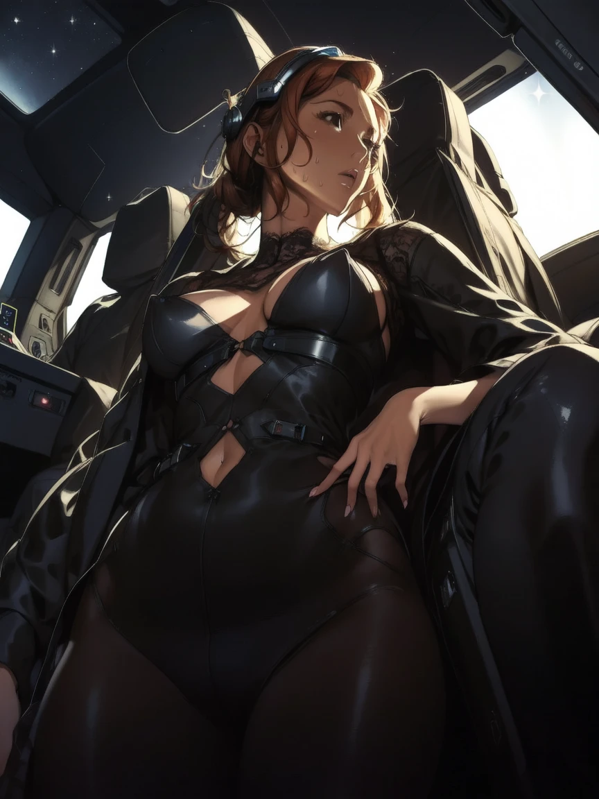 ((gothic vampire piloting in gothic spacecraft)), (((retro anime))), ((from below)), ((120 fov)), ((((gothic control panels)))), ((mature)), (((gothic))), iridescent bodysuit, ((lace accessories)), ((pilot seat)), ((((lying back)) pose)), ((elegant)), (((serious tone))), futuristic, ((cockpit top control panel)), intricate control panel details, 1990s (style), [blushing], sweat, masterpiece, ((claustrophobic)), sparkles, best quality, screens, ((pilot helmet)), ((hands on controls)), night, space, ((cockpit lights))