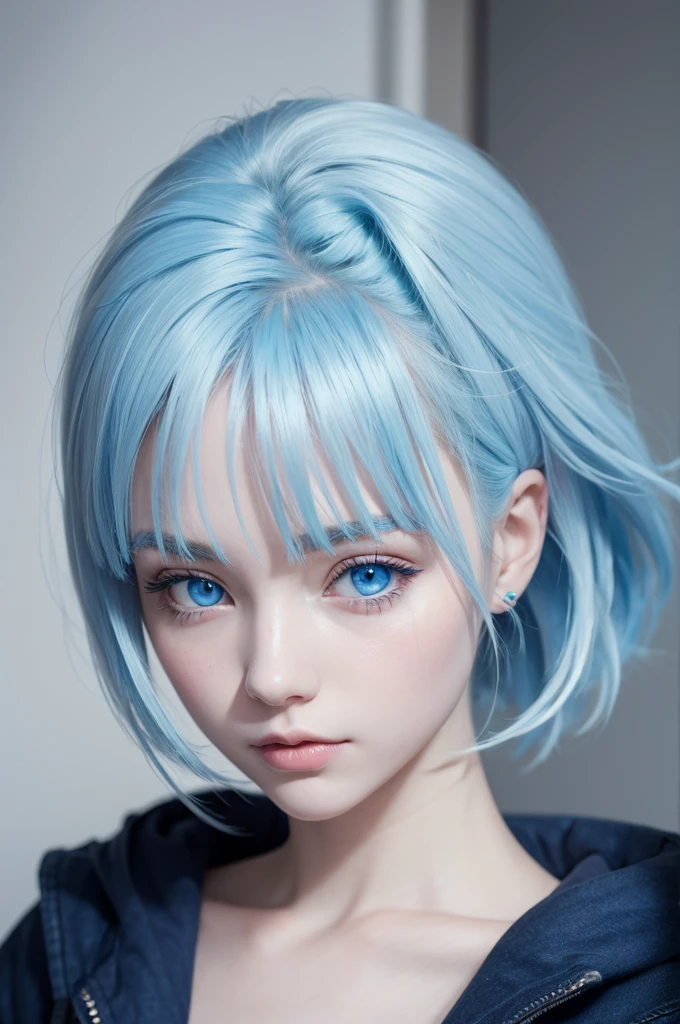 white skin girl, blue hair, blue eyes