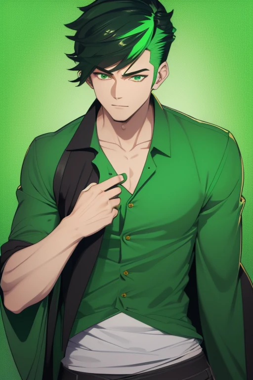 Handsome Japanese boy, green hair, Pompadour hairstyle, slim build, green eyes, short sleeve vest, neo green shirt with slime print, green jeans, neon green background