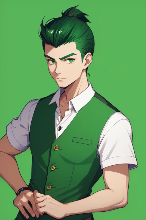 Handsome Japanese boy, green hair, Pompadour hairstyle, slim build, green eyes, short sleeve vest, neo green shirt with slime print, green jeans, neon green background
