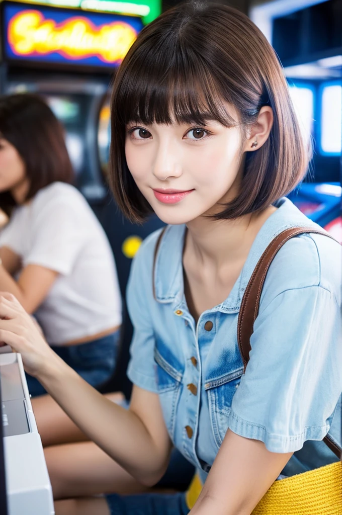 Game center, professional gamer, ((full body)), ((photo)), ((best qualtiy, 8K, tmasterpiece: 1.3)), Focus: 1.2, perfect figure beautiful girl: 1.4, 1girl, cowboy shot, look at viewer, eyes facing the camera, incredibly absurd, beautiful and cute girl with a photorealistic face, showcasing top-quality craftsmanship, A Japanese girl playing games at an arcade, 17 years old, with a bob cut, silky black hair, bangs cut at an angle to reveal her right eye, large eyes, a soft smile, tanned skin, thin and well-formed eyebrows, straight nose with a rounded tip, thin lips but a healthy, natural pink colour, small ears with pierced ears, a slender neck with a sharp jawline, a small face with well-formed facial features, fair, fine, translucent skin, long eyelashes that make the eye makeup stand out, eyes that are powerful but also kind, Well-aligned, white teeth, healthy, shiny skin and hair, friendly expression, , slender, well-balanced proportions, good posture, beautiful C-cup breasts, white character T-shirt, blue denim jacket, yellow shorts, white sneakers, silver earrings, tote bag with game character illustration printed on it, beautiful girl, moe, devilish type, sociable and easy to talk to, values teamwork, curious and adventurous, has a sense of humor, July