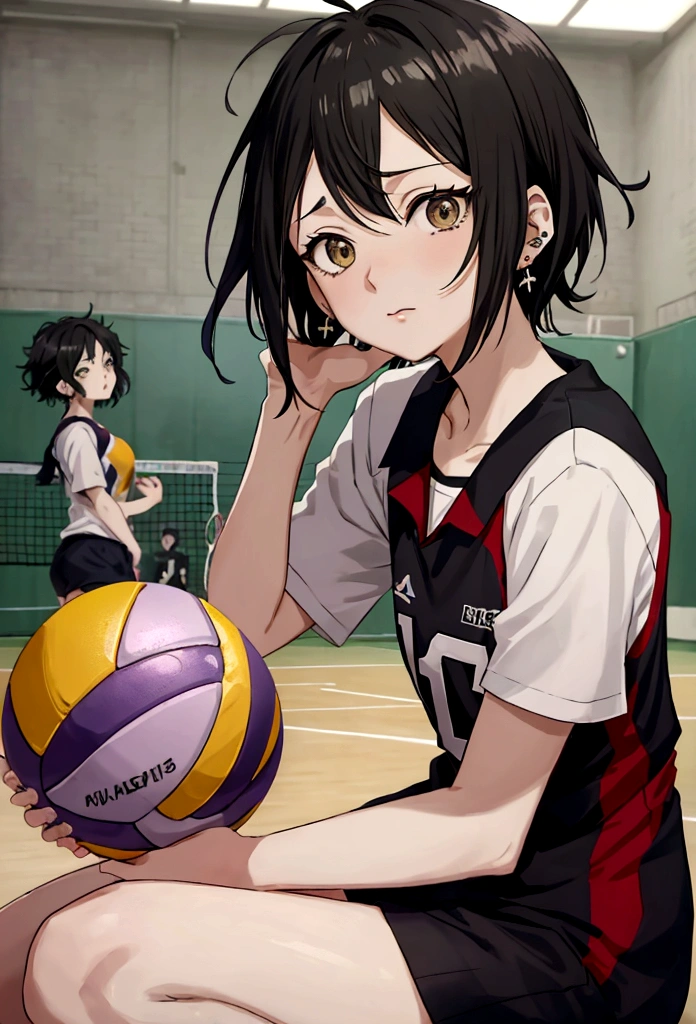 Haikyuu anime screenshot. girl, short black hair and messy, with messy bangs, green eyes, 16 years, earrings in the left ear, purple volleyball uniform dress with white details, number 11, on a volleyball court a match