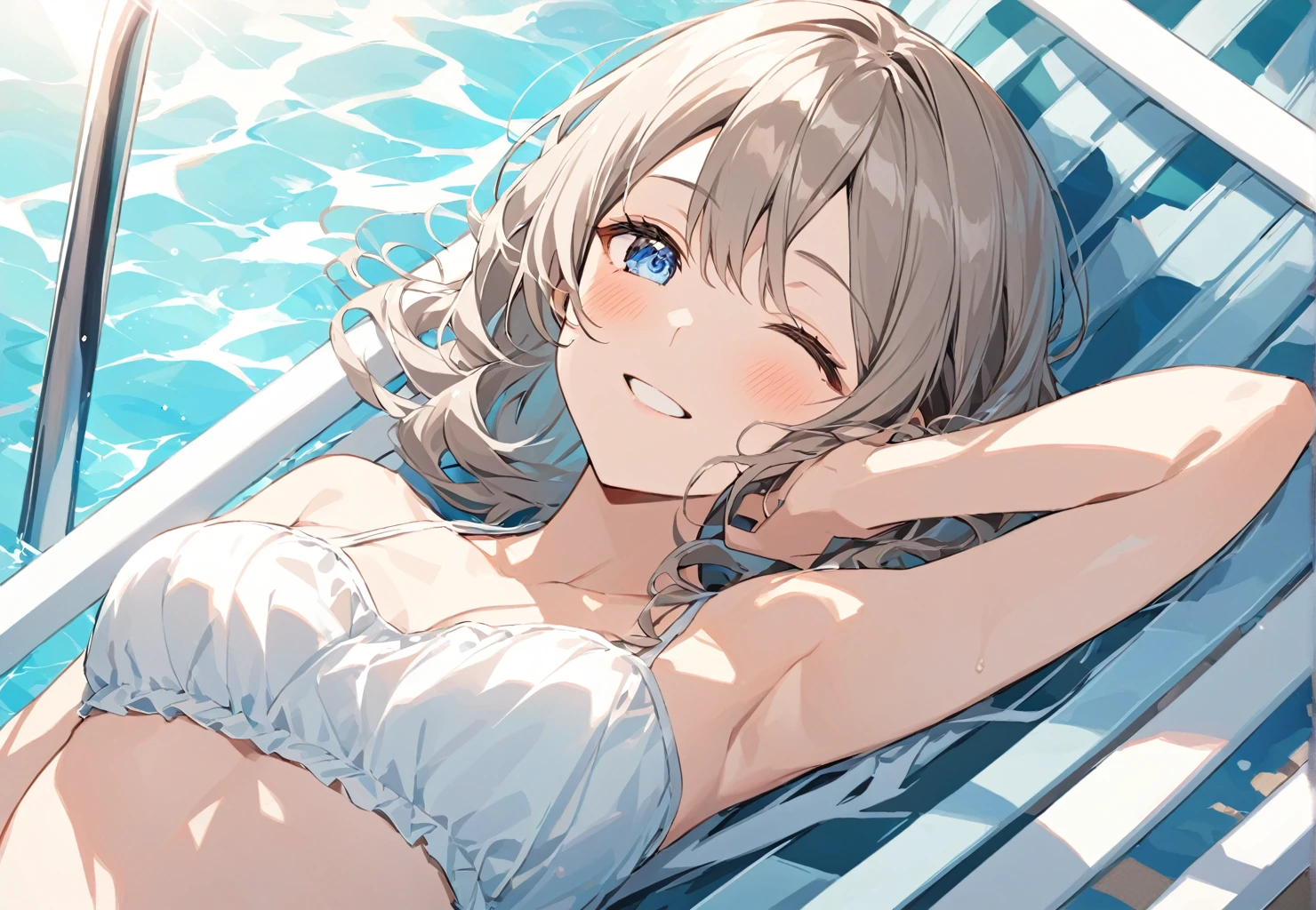 Yo Watanabe is lying on a deck chair by the pool and relaxing in a swimsuit. A refreshing wind from the pool blows through around her, and the sunlight gently illuminates her skin. Her expression looks calm and happy, and she is lying comfortably.