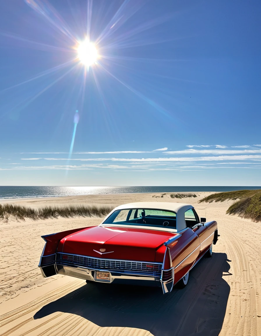 A red Cadillac with its doors open, parked on a beach under a bright sun. The car is facing the camera, with sunlight reflecting off the windshield. The background shows sandy dunes and a clear sky. The license plate reads 'Texas GFP-78M,' capturing a moment of stillness and nostalgia