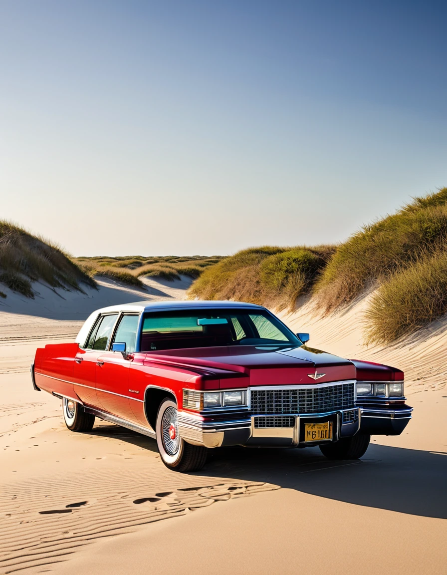 A red Cadillac with its doors open, parked on a beach under a bright sun. The car is facing the camera, with sunlight reflecting off the windshield. The background shows sandy dunes and a clear sky. The license plate reads 'Texas GFP-78M,' capturing a moment of stillness and nostalgia