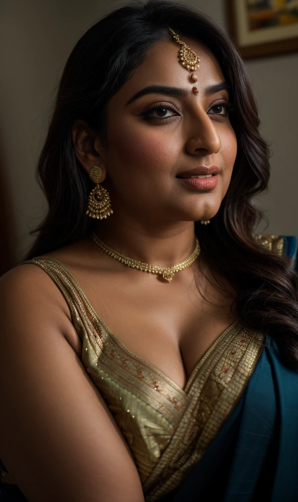 Foto RAW, photorealistic, photography, full body shot, master shot, perfect eyes, goddess like beauty, pierced eyes, perfect thick chubby mallu Desi aunty bhabhi, Wearing a Stanapatta, a chest-band.Saree model, model Photography, Indian saree shoot, Indian traditional wear advertising photography, traditional wear brand shoot, face of Indian actress Sonakshi Sinha, masterpiece, realistic, realism, incredible details,  pleasure, photorealism, detailed skin, skin pores, high contrast, photorealistic Artstation 8k HD digital art trend of high definition and detailed realistic skin texture, ultra detail, realistic skin texture, armature, best quality, ultra high definition, (photorealistic:1.4),, high resolution, detail, raw photo, sweat, Re sharp, by Lee Jefferies Nikon D850 Film Stock Photo 4 Kodak Portra 400 Camera F1.6 Lens Rich Color Ultra Real Realistic Realistic Textures Dramatic Lighting Unreal Engine Trending at Art Station Cinestill 800,(pele altamente detalhada: 1.2), 8k UHD, DSLR, soft-lighting, alta qualidade, grain of film, Fujifilm XT3,she didn't like to wear blouse or bra, she is happy to wear only saree, she hates blouse or bra, detailed hairy armpits, hyper realistic skin, skin pores, sweat, veins, 