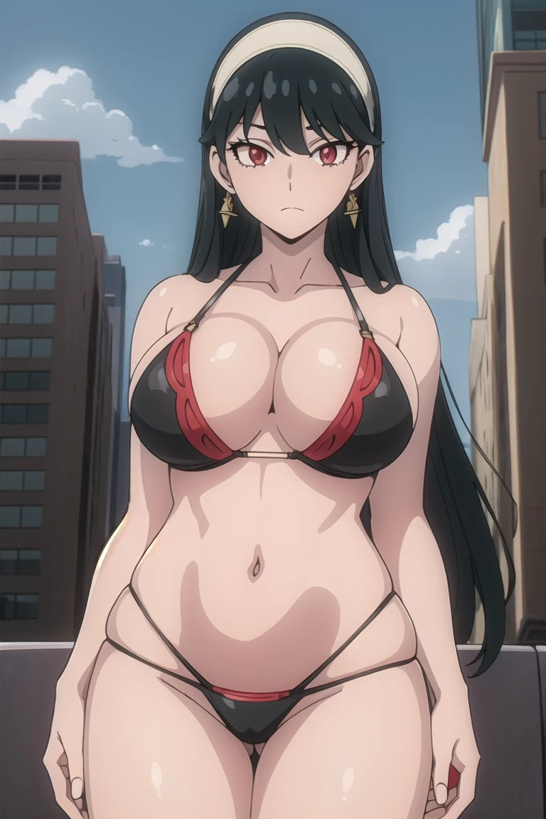 yorbriar, yor briar, black hair, (red eyes:1.5), earrings, white hairband, hairband, sidelocks,hair bun
BREAK black bikini , big breasts, wide hips , milf body ,((( crowded public , everyone looking))) , embarassed 
BREAK outdoors, city, sky, sun, clouds,
BREAK looking at viewer, (cowboy shot:1.5),
BREAK (masterpiece:1.2), best quality, high resolution, unity 8k wallpaper, (illustration:0.8), (beautiful detailed eyes:1.6), extremely detailed face, perfect lighting, extremely detailed CG, (perfect hands, perfect anatomy),