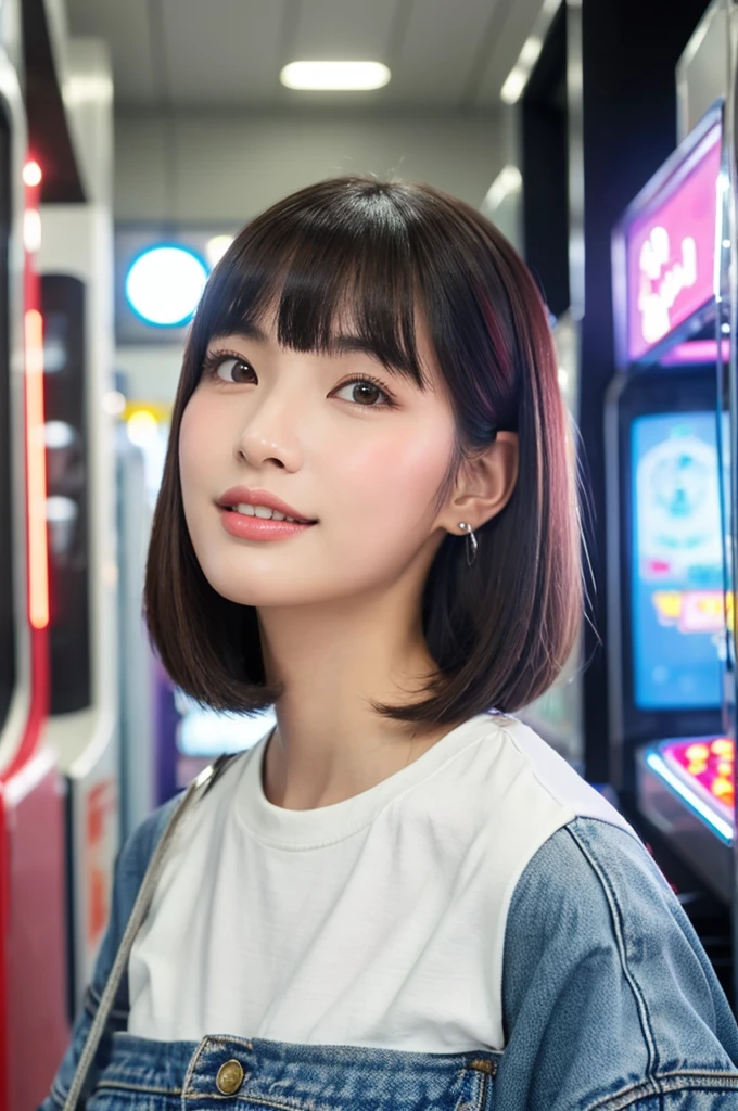 Game center, professional gamer, ((full body)), ((photo)), ((best qualtiy, 8K, tmasterpiece: 1.3)), Focus: 1.2, perfect figure beautiful girl: 1.4, 1girl, cowboy shot, look at viewer, eyes facing the camera, incredibly absurd, beautiful and cute girl with a photorealistic face, showcasing top-quality craftsmanship, A Japanese girl playing games at an arcade, 17 years old, with a bob cut, silky black hair, bangs cut at an angle to reveal her right eye, large eyes, a soft smile, tanned skin, thin and well-formed eyebrows, straight nose with a rounded tip, thin lips but a healthy, natural pink colour, small ears with pierced ears, a slender neck with a sharp jawline, a small face with well-formed facial features, fair, fine, translucent skin, long eyelashes that make the eye makeup stand out, eyes that are powerful but also kind, Well-aligned, white teeth, healthy, shiny skin and hair, friendly expression, , slender, well-balanced proportions, good posture, beautiful C-cup breasts, white character T-shirt, blue denim jacket, yellow shorts, white sneakers, silver earrings, tote bag with game character illustration printed on it, beautiful girl, moe, devilish type, sociable and easy to talk to, values teamwork, curious and adventurous, has a sense of humor, July