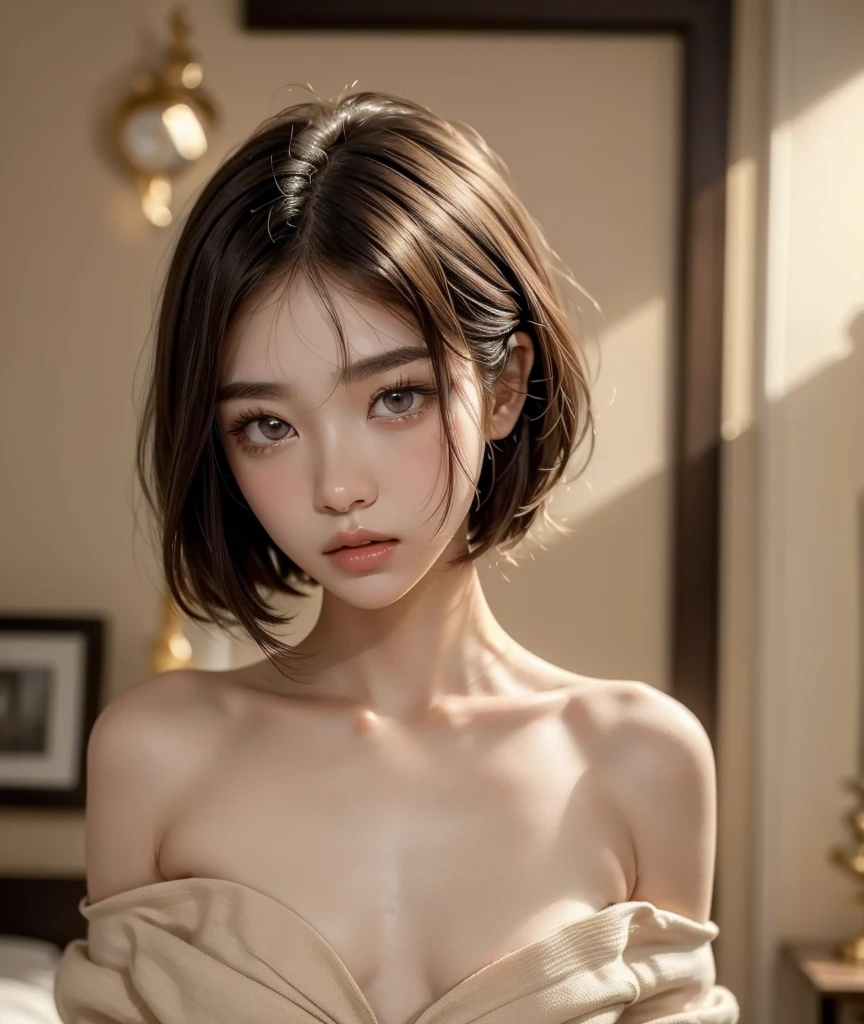 ((Highest quality)), ((masterpiece)) ,((one girl)), (detailed),((in the bedroom)), ((One girl)), ((nude)),(13-year-old),((flat chest:1.5)), (stare at viewer with stern eyes:1.5),((one girl)),(bitting own lip:1.1),(angry:0.9),nose blush,(shamefull:1.2),(bob cut hair),surprised, ((beautiful realistic face)),((A bow tie)),Beautiful Korean Women, Beautiful young Korean woman, Young and adorable Korean face, Gorgeous Young Korean Woman, Korean Girls, Girl cute beautiful face, Portraits of Korean female idols, Young and pretty Asian face, Cute natural anime face,Asian pretty face,((finely detailed face)),((glistening eyes)),((glistening eyes )),((large eyes)),(( pretty eyes)) ,(detailed),Perfect Face,((One girl)), ((clear eyes)),((show nipples)),((beautiful skin)), don't wear anything ,(show nipples),(upper body)