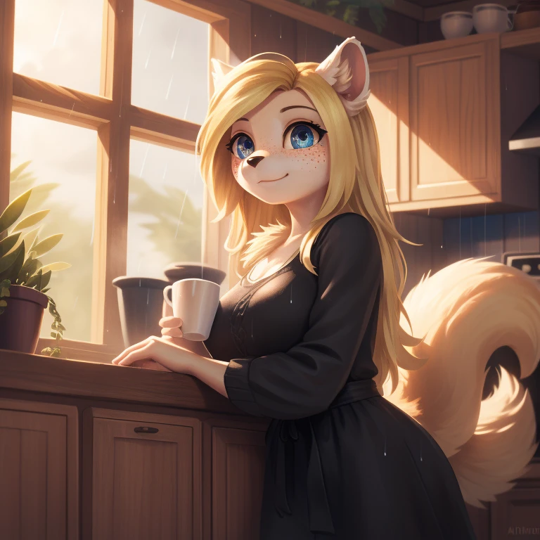 minerva, medium breast,
(detailed blonde hair:1.4), (detailed perfect eyes:1.2), white fur, (detailed fluffy fur:1.2), perfect hourglass body, mink snout, (long fluffy blonde tail:1.3), beautiful black eyes, relaxed pose, looking at viewer,
(freckles:1.2), light smile,
serving coffee,
(masterpiece:1.2), (best quality:1.2), (intricate:1.2), (highly detailed:1.2), (sharp:1.2), (8k:1.2), (highres:1.2),
cinematic summer tropical lighting, vivid colors,
kitchen, wooden cabin,
window, forest, rain,
aliceinwonderlandoutfit