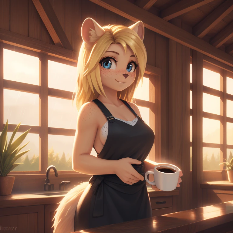 minerva, medium breast,
(detailed blonde hair:1.4), (detailed perfect eyes:1.2), white fur, (detailed fluffy fur:1.2), perfect hourglass body, mink snout, (long fluffy blonde tail:1.3), beautiful black eyes, relaxed pose, looking at viewer,
(freckles:1.2), light smile,
serving coffee,
(masterpiece:1.2), (best quality:1.2), (intricate:1.2), (highly detailed:1.2), (sharp:1.2), (8k:1.2), (highres:1.2),
cinematic summer tropical lighting, vivid colors,
kitchen, wooden cabin,
window, forest, rain,
aliceinwonderlandoutfit