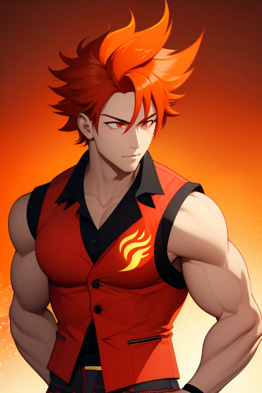 handsome boy fire hair pointed cut yellow complexion slim build strong red eyes yellow sleeveless vest red sleeveless shirt with fire print red jeans orange background