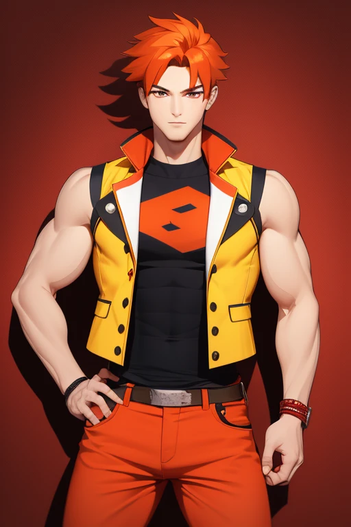 handsome boy fire hair pointed cut yellow complexion slim build strong red eyes yellow sleeveless vest red sleeveless shirt with fire print red jeans orange background