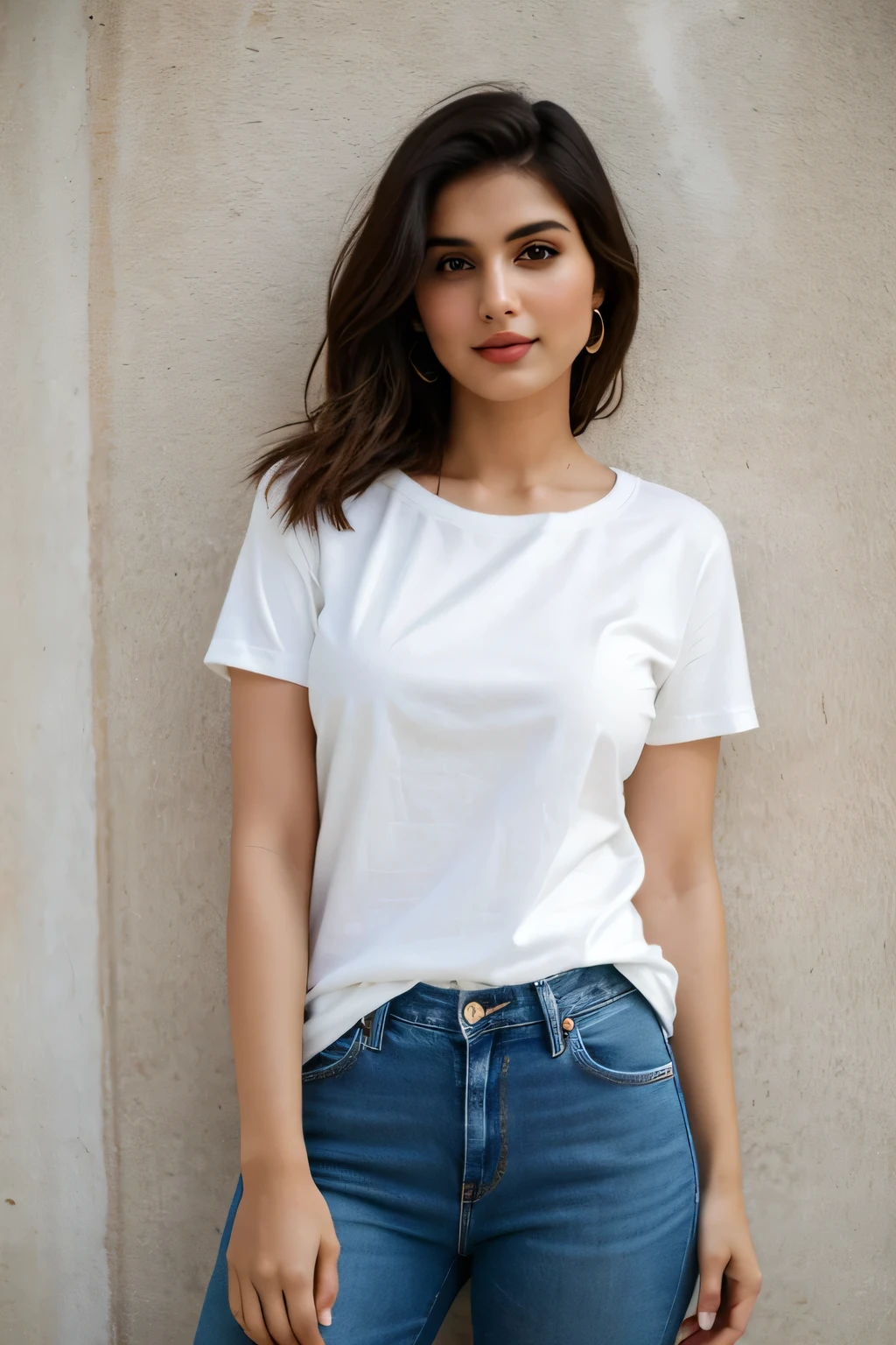 Model mock-up, Pakistani 27 years old very prettiest very charming girl wearing full white basic crew neck Teeshirt short sleeves, her weight is 60kg fashion pose, fashion magazine poster, details face featers model look, medium length silky hair, Sony DSLR camera result, real 4k quality, dark brown hairs, no makeup, Sexy looks, detailed eyes and lips, details fingers and nails, beautiful oily skin, her breast size is 36, bouncy breasts, wearing full white plain round neck basic Teeshirt, short sleeves with dark blue jeans pant, skinny jeans, lose Teeshirt, baggy style full length Teeshirt, fashion pose style, wall behind, daylights environment, firm hips and thighs.