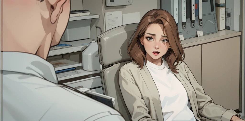 There is a 40-year-old woman with brown hair who opens her mouth and has doubt and suspicion in her eyes.
