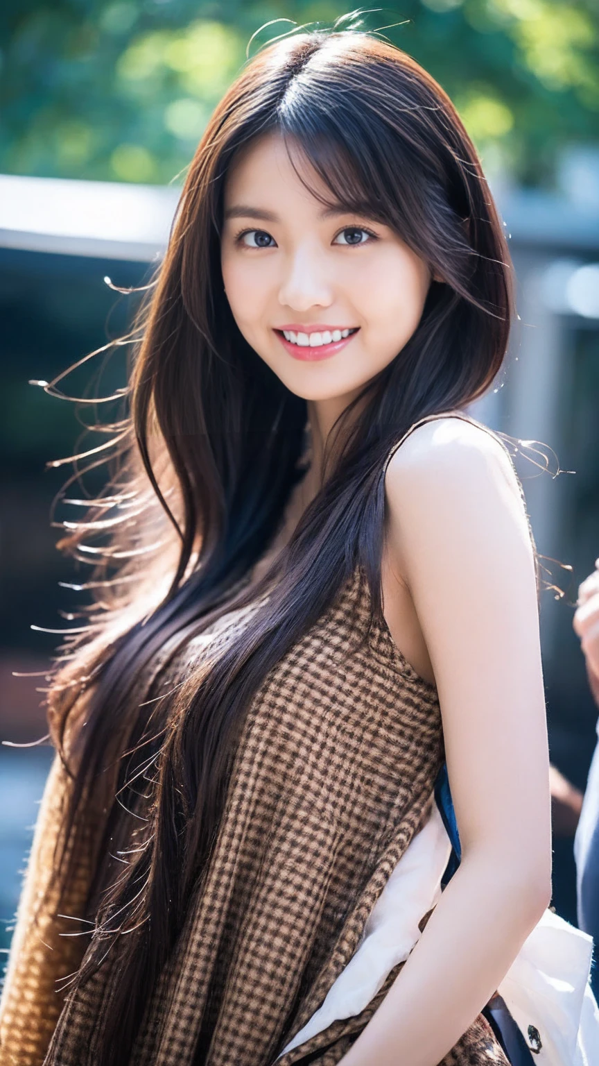 Beautiful 24year old, intelligent and sophisticated Japanese girl. Hair in a bob, smile that exudes kindness and young power, one piece summer 2023. Medium-light, high speed shutter combined with modern photographic narrative action, ample lighting, clear focus, high quality, artistic, unique, award-winning photo, taken with Canon EOS 5D Mark IV DSLR camera, aperture f/8, ISO 200, shutter speed 1/250,