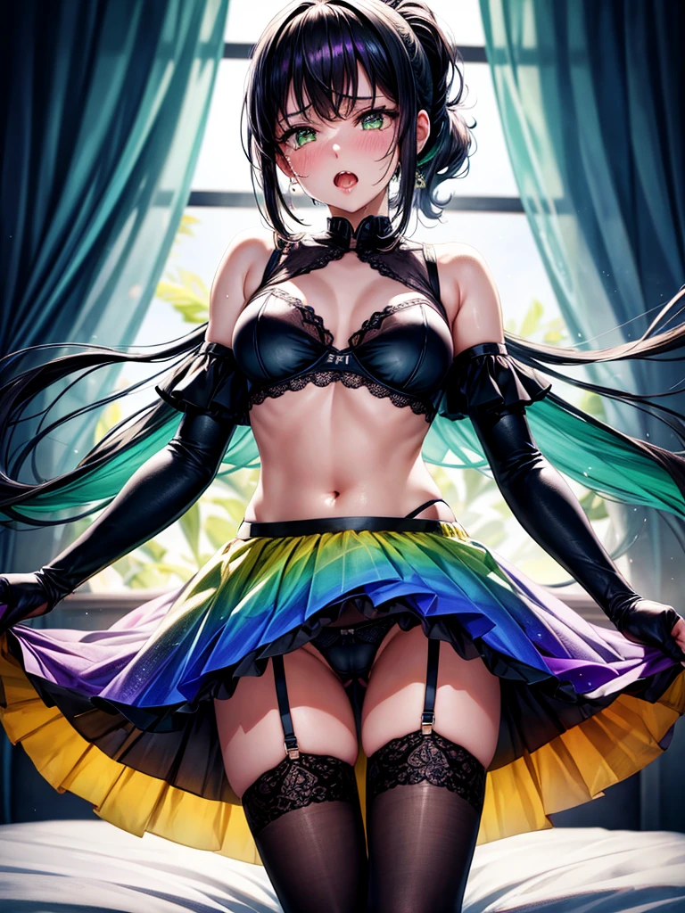 Highest quality,Highest Resolution,４K quality,A beautiful girl with a crying face spilling a lot of seductive saliva,Full body close-up,looking at the camera,Yellow-green eyes,Black hair ponytail,,Iridescent Bra,Iridescent underwear,High leg,Rainbow garter belt,Rainbow colored knee-high stockings,Dark bedroom at night,Purple bedding,Sweating profusely,Open your mouth,Tears,Iridescent underwear,Standing posture,