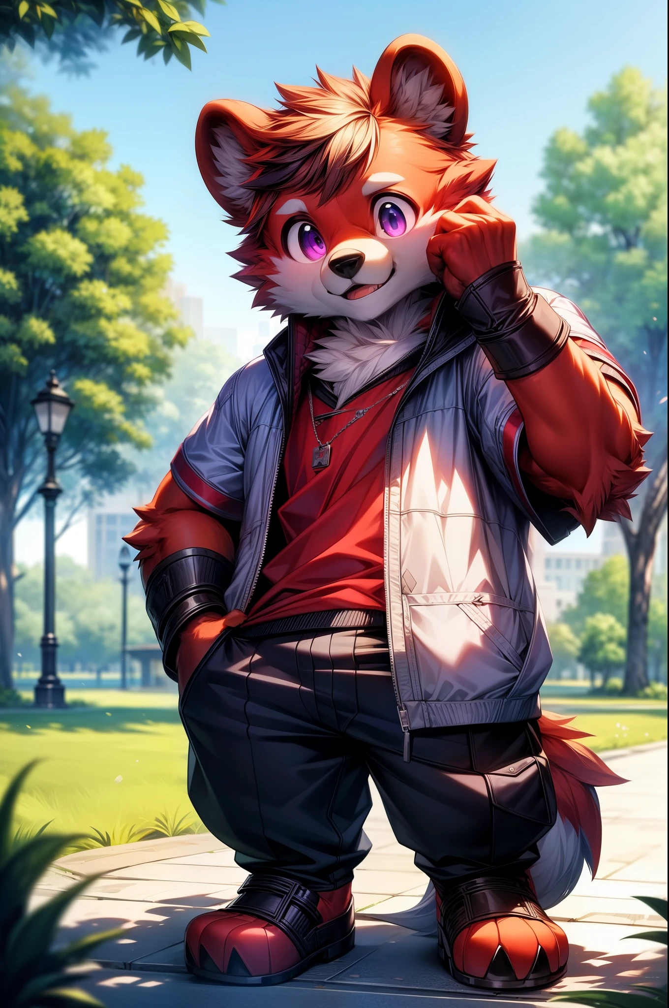 masterpiece,High quality,furry,male,(bear),(red fur),purple eye,park,perfect background,Smile,One person