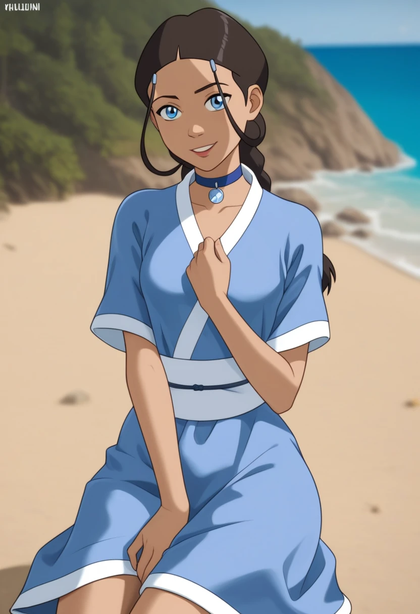 score_9_up, score_8_up, score_7_up, 1girl, solo, mature female, ((Katara)), Latin skin color, brown braided hair, blue eyes, pink lips, parted lips, fit slim body, ((perfect medium erected breast)), (((blue beach tunic, blue choker))), (((Iceland beach))), perfect model body, wide hips, naughty smile, seductive pose