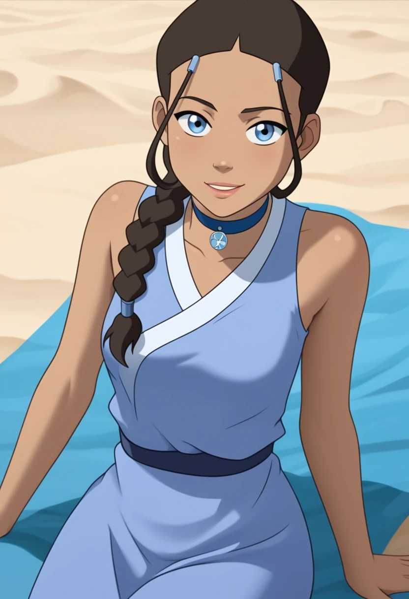 score_9_up, score_8_up, score_7_up, 1girl, solo, mature female, ((Katara)), Latin skin color, brown braided hair, blue eyes, pink lips, parted lips, fit slim body, ((perfect medium erected breast)), (((blue beach tunic, blue choker))), (((Iceland beach))), perfect model body, wide hips, naughty smile, seductive pose