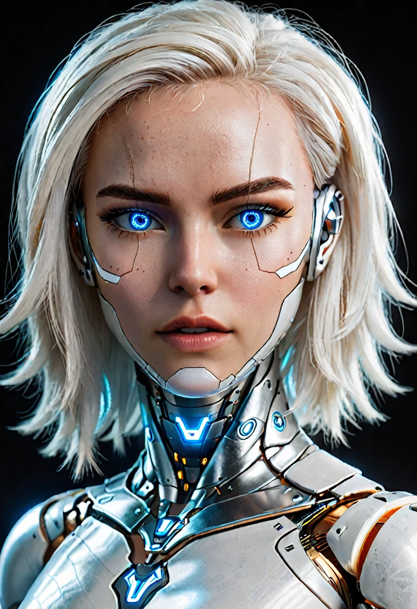 Hyperrealistic art zavy-cbrpnk, white woman cyborg mixed, blue illuminated eyes, White hair. panel . Extremely high resolution details, photographic, realism taken to the extreme, fine texture, stunningly lifelike