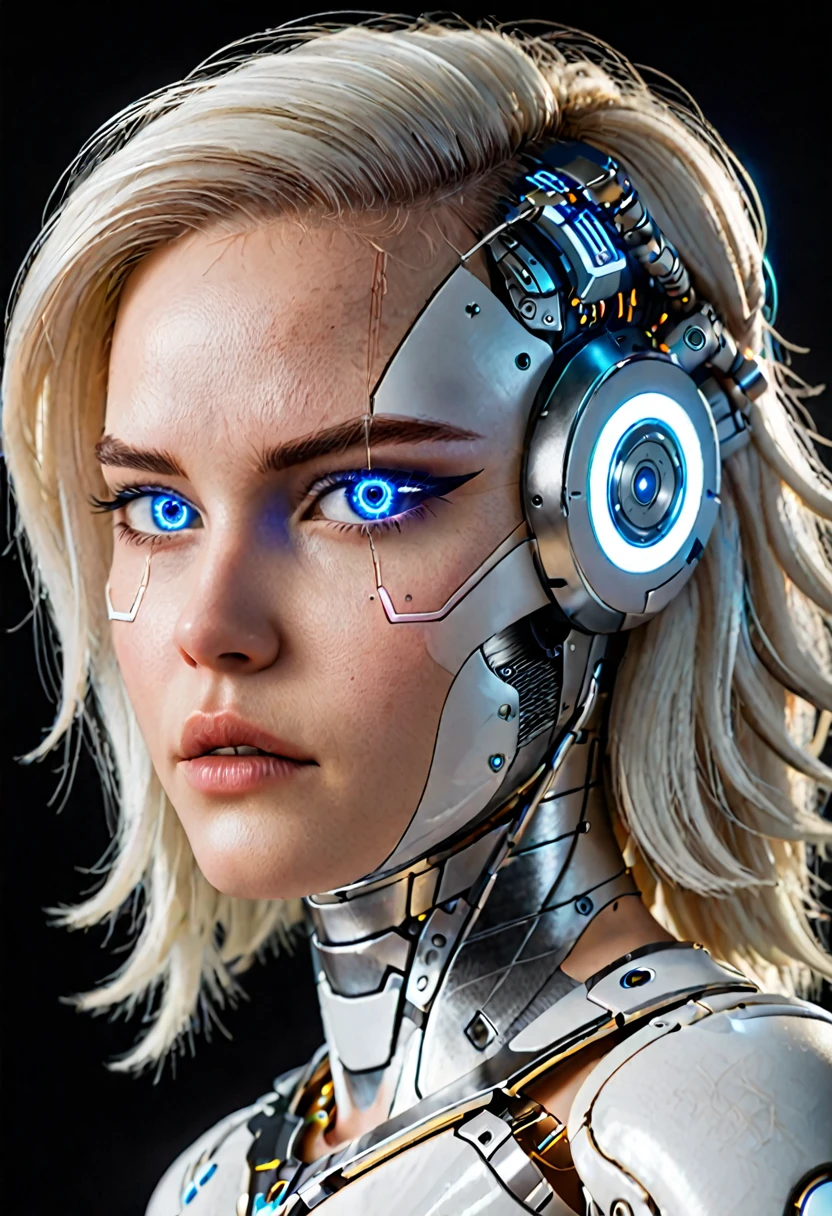 Hyperrealistic art zavy-cbrpnk, white woman cyborg mixed, blue illuminated eyes, White hair. panel . Extremely high resolution details, photographic, realism taken to the extreme, fine texture, stunningly lifelike