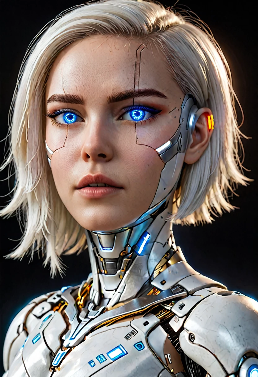 Hyperrealistic art zavy-cbrpnk, white woman cyborg mixed, blue illuminated eyes, White hair. panel . Extremely high resolution details, photographic, realism taken to the extreme, fine texture, stunningly lifelike