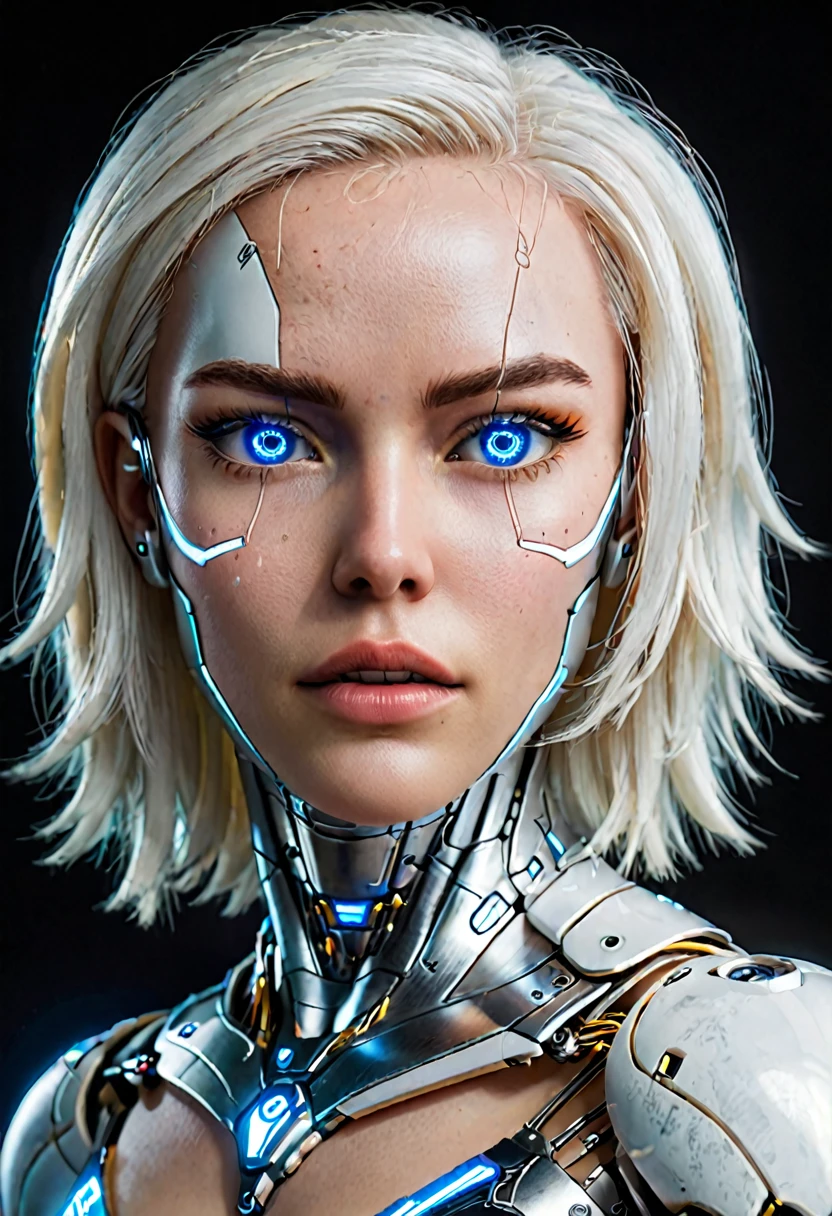 Hyperrealistic art zavy-cbrpnk, white woman cyborg mixed, blue illuminated eyes, White hair. panel . Extremely high resolution details, photographic, realism taken to the extreme, fine texture, stunningly lifelike