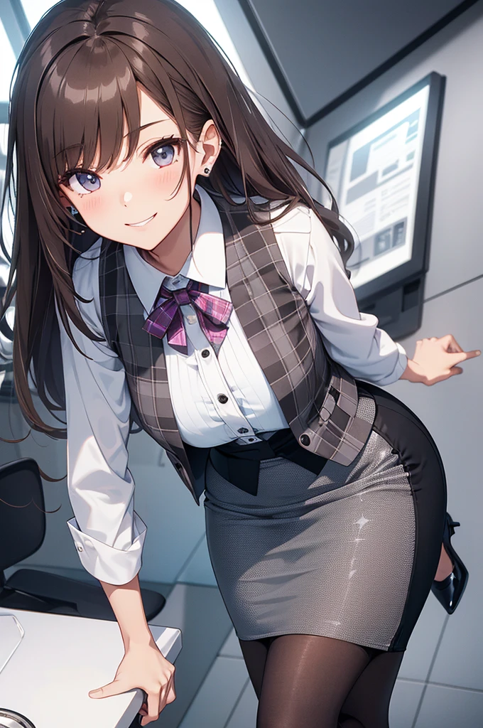 1 girl, pantyshot, long brown hair, office lady, Wearing a pink plaid vest, White short sleeved shirt, Gray pencil skirt, Wear stiletto heels, Necklace, earrings, Too big, Cute face, Smile, Blushing, Shyness, Glass wall, Ultra Detail, Realistic, Front view, Whole body,  (wearing in [[white and gray check pattern]] Vest worn over white collared long-sleeved shirt:1.4), (gray vest with buttons:1.2), (Pink Theme:1.2), (blue ribbon ribbon:1.3), (Black theme:1.4), (Tight black pencil skirt:1.5), (Brown pantyhose), (high-heels:1.1),office desk, office chair,Lulubre Unity 8K Wallpaper, Beautiful background, clearly, Best Quality, The highest resolution, Best aesthetic,extremely detailed CG unity 8k,