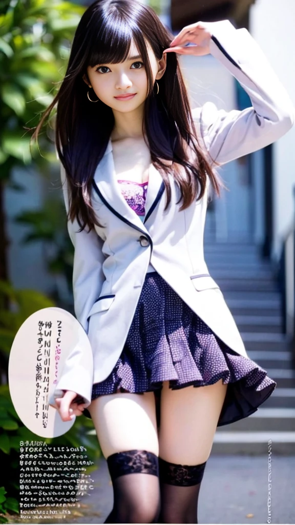 (pantiesを見せつけている女子高校生ひとり)、(Lift up your skirt)、(panties　Panty shot)、(White blazer　Pale purple pleated skirt)、Front low angle:1.5、(pantiesを見せつけている)、((Masterpiece、Highest quality、Highest quality)), (Super detailed), (8K ),Raw color photography, Professional photography,  Great face and eyes, Skinny、Model Style、Outdoor、(pantiesに光が当たる)、Pink Hair、(Small breasts:1.3)、Earrings、、Thin thighs、Tiny and slim waist、Happy smile、Wet、pantiesを見せつけながらポーズ、20-year-old、