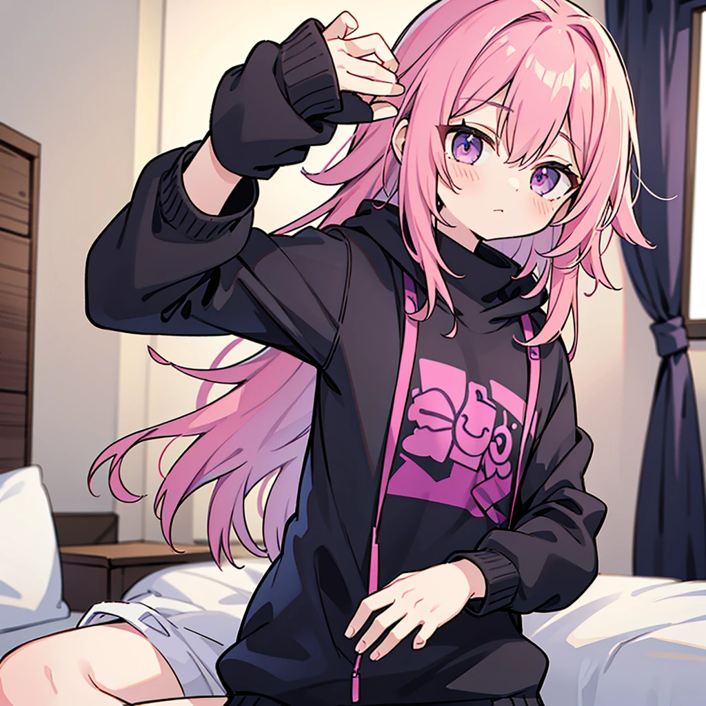 Saika have ,he is a boy, he has short striking pink hair that falls in soft waves around his face, complementing his vibrant purple eyes. His features are sharp and defined, with a youthful charm that is accentuated by his slender build. He often wears a stylish black jacket over a graphic t-shirt and jogging àd sometimes tight, completing his edgy and modern look, he is in his bedroom. He blush a bit