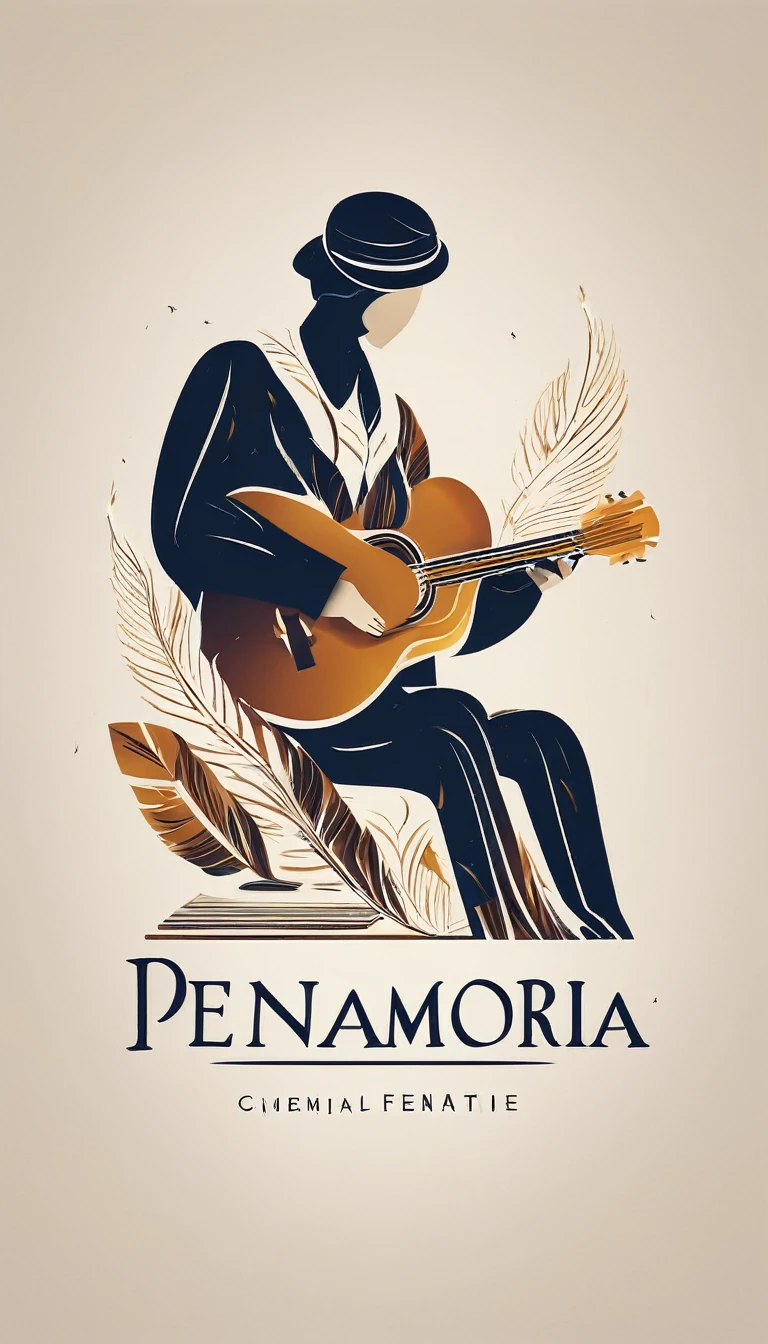 A minimal, modern, simple, cinematic logotype for the brand “Penamemoria". The logotype must be a simple, magical feather and a boy with an acoustic guitar. The logo must convey a sense of music, stories, dreams and a creative companionship between the feather and the boy. Logo design impressed on a book cover. Minimalistic logo