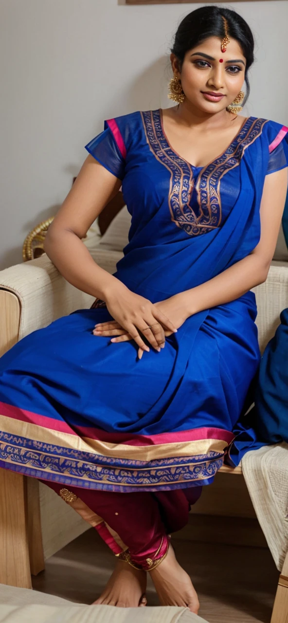 Indian aunty in traditional saree and young men kissing her hips