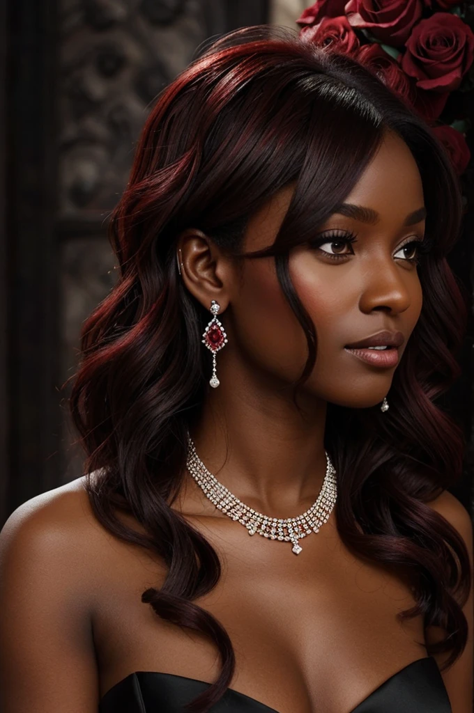 Can you make me a dark skin with a red and black wedding dress with black roses and the background and with burgundy hair and with brown eyes and with earrings and a necklace that says clear and with a church background