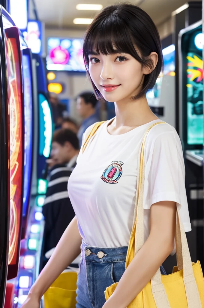 Game center, professional gamer, ((full body)), ((photo)), ((best qualtiy, 8K, tmasterpiece: 1.3)), Focus: 1.2, perfect figure beautiful girl: 1.4, 1girl, cowboy shot, look at viewer, eyes facing the camera, incredibly absurd, beautiful and cute girl with a photorealistic face, showcasing top-quality craftsmanship, A Japanese girl playing games at an arcade, , with a bob cut, silky black hair, bangs cut at an angle to reveal her right eye, large eyes, a soft smile, tanned skin, thin and well-formed eyebrows, straight nose with a rounded tip, thin lips but a healthy, natural pink colour, small ears with pierced ears, a slender neck with a sharp jawline, a small face with well-formed facial features, fair, fine, translucent skin, long eyelashes that make the eye makeup stand out, eyes that are powerful but also kind, Well-aligned, white teeth, healthy, shiny skin and hair, friendly expression, , slender, well-balanced proportions, good posture, beautiful C-cup breasts, white character T-shirt, blue denim jacket, yellow shorts, white sneakers, silver earrings, tote bag with game character illustration printed on it, beautiful girl, moe, devilish type, sociable and easy to talk to, values teamwork, curious and adventurous, has a sense of humor, July