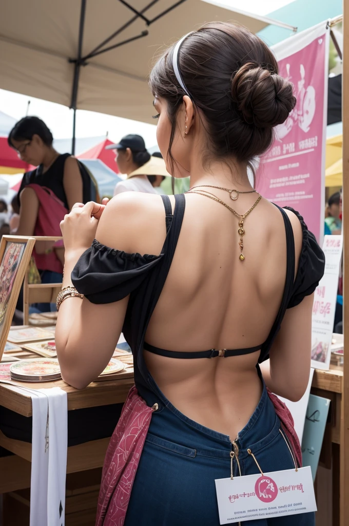 A woman with her back to the image and facing a realistic crafts fair with several stalls