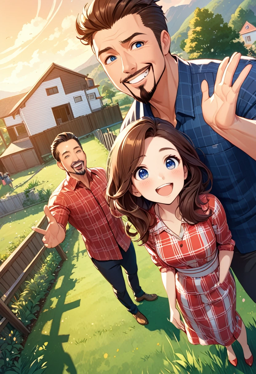 detailed illustration ,dynamic angle, ultra-detailed, detailed eyes, detailed face, [1boy, dark brown hair, sharp hair, crisp hair, goatee, red plaid shirt, dark blue eyes, detailed eyes, waving, leaning on fence, grass, house, standing in yard,] man and his wife, [1girl, long brown hair, happy, long plaid dress, blue eyes, smiling, delighted,]