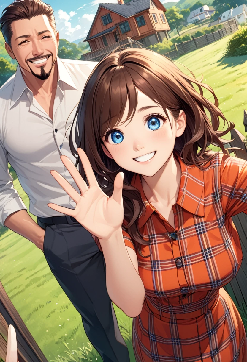 detailed illustration ,dynamic angle, ultra-detailed, detailed eyes, detailed face, [1boy, dark brown hair, sharp hair, crisp hair, goatee, red plaid shirt, dark blue eyes, detailed eyes, waving, leaning on fence, grass, house, standing in yard,] man and his wife, [1girl, long brown hair, happy, long plaid dress, blue eyes, smiling, delighted,]