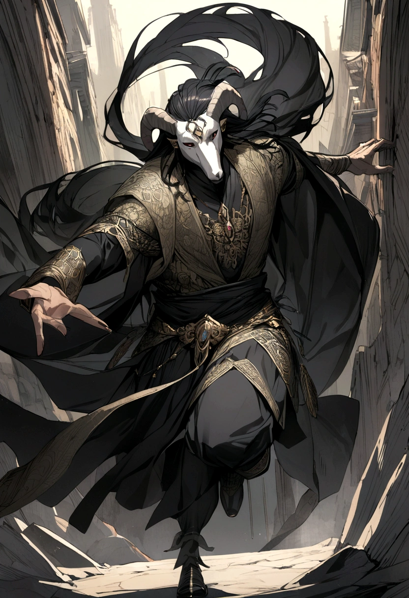 man wearing black goat head black mask grandfather of black hair goat goat and black atreus head mythical human running