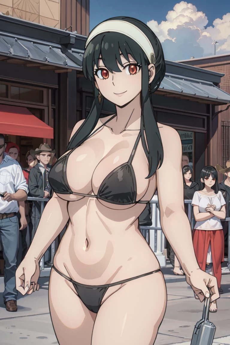 yorbriar, yor briar, black hair, (red eyes:1.5), earrings, white hairband, hairband,
BREAK black bikini , , wide hips , milf body ,crowded public , everyone looking, flashing her body , flashing her bikini , smile))) , emb
BREAK outdoors, city, sky, sun, clouds,
BREAK looking at viewer, (cowboy shot:1.5),
BREAK (masterpiece:1.2), best quality, high resolution, unity 8k wallpaper, (illustration:0.8), (beautiful detailed eyes:1.6), extremely detailed face, perfect lighting, extremely detailed CG, (perfect hands, perfect anatomy),