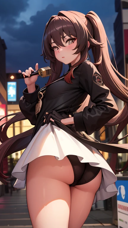 masterpiece, best quality, Walnut V4, 1 Girl, Solitary, blush, Double tail, Long hair, Hair between the eyes, ((Streetwear)), City, outdoor, night, Movie Posters, Extremely detailed 8K, Smooth, high resolution, Ultra-high quality, light, Ambient Occlusion, HD, 2k, 4K, 8K, 16K, Extremely detailed animation, Delicate face, Perfect composition, Wide-angle lens, Atmospheric lighting, Very sexy, Upskirt, Random lower back angle, Uncensored, Not suitable for working hours, Uncensored的