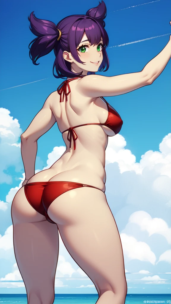 Lena , solo, 1 girl , red bikini, big ass, showing ass, bent down, master piece, detailed , masterpiece, high quality, 1girl, bllena, medium shot, upper body, green eyes, purple hair, twintails, bikini, big breats , huge ass, Bent down, showing ass, pussy (dynamic pose), smile, outdoors, beach,