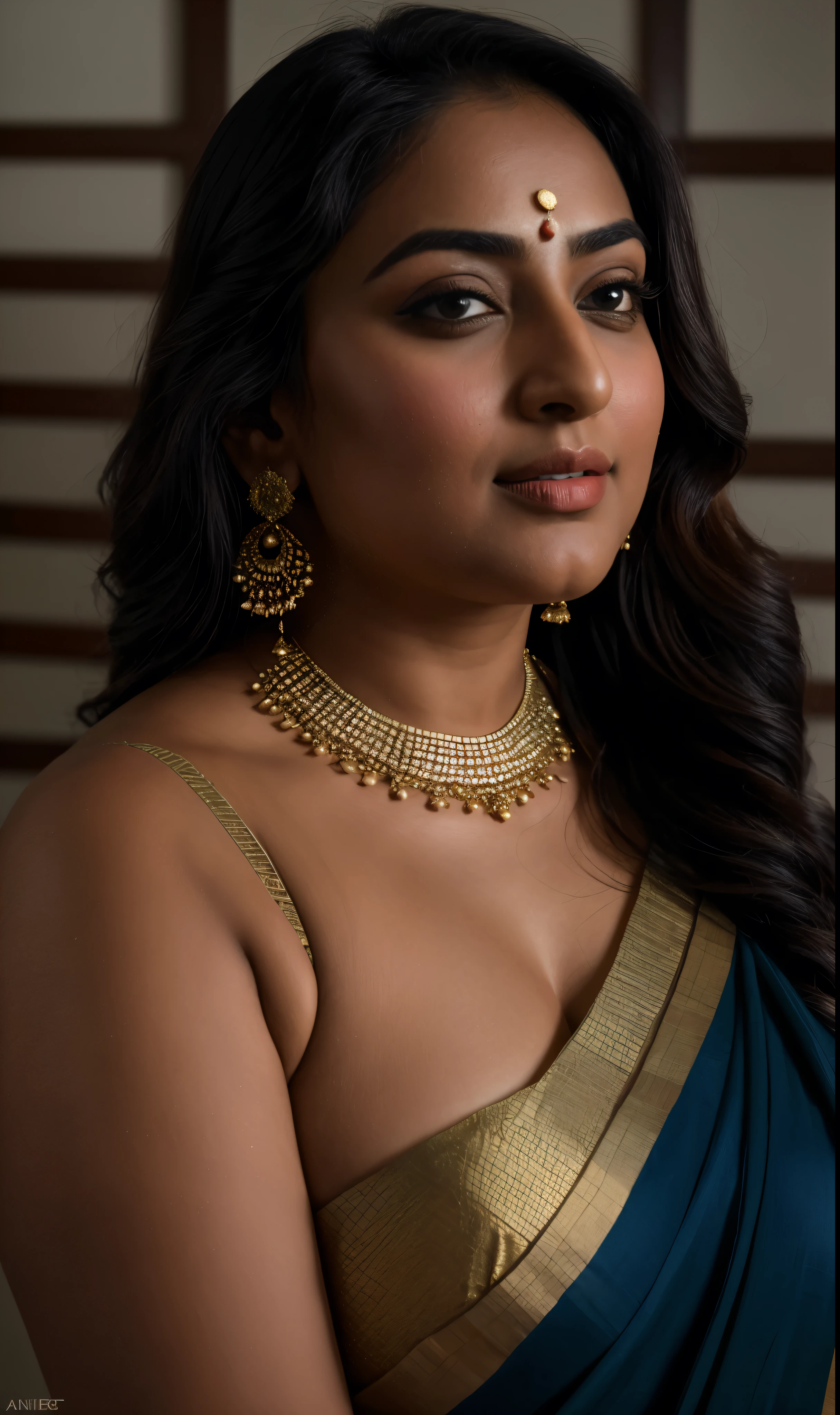 Foto RAW, photorealistic, photography, full body shot, master shot, perfect eyes, goddess like beauty, pierced eyes, perfect thick chubby mallu Desi aunty bhabhi, Wearing a Stanapatta, a chest-band.Saree model, model Photography, Indian saree shoot, Indian traditional wear advertising photography, traditional wear brand shoot, face of Indian actress Sonakshi Sinha, masterpiece, realistic, realism, incredible details,  pleasure, photorealism, detailed skin, skin pores, high contrast, photorealistic Artstation 8k HD digital art trend of high definition and detailed realistic skin texture, ultra detail, realistic skin texture, armature, best quality, ultra high definition, (photorealistic:1.4),, high resolution, detail, raw photo, sweat, Re sharp, by Lee Jefferies Nikon D850 Film Stock Photo 4 Kodak Portra 400 Camera F1.6 Lens Rich Color Ultra Real Realistic Realistic Textures Dramatic Lighting Unreal Engine Trending at Art Station Cinestill 800,(pele altamente detalhada: 1.2), 8k UHD, DSLR, soft-lighting, alta qualidade, grain of film, Fujifilm XT3,she didn't like to wear blouse or bra, she is happy to wear only saree, she hates blouse or bra, detailed hairy armpits, hyper realistic skin, skin pores, sweat, veins, 