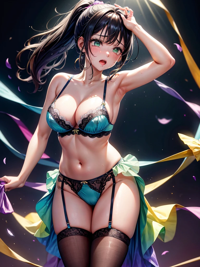 Highest quality,Highest Resolution,4K quality,A beautiful girl with a crying face spilling a lot of seductive saliva,Full body close-up,Drink a glass of water,,Yellow-green eyes,Black hair ponytail,,Iridescent Bra,Iridescent underwear,High leg,Rainbow garter belt,Rainbow colored knee-high stockings,Dark bedroom at night,Purple bedding,Sweating profusely,Open your mouth,Tears,Iridescent underwear,Standing posture,