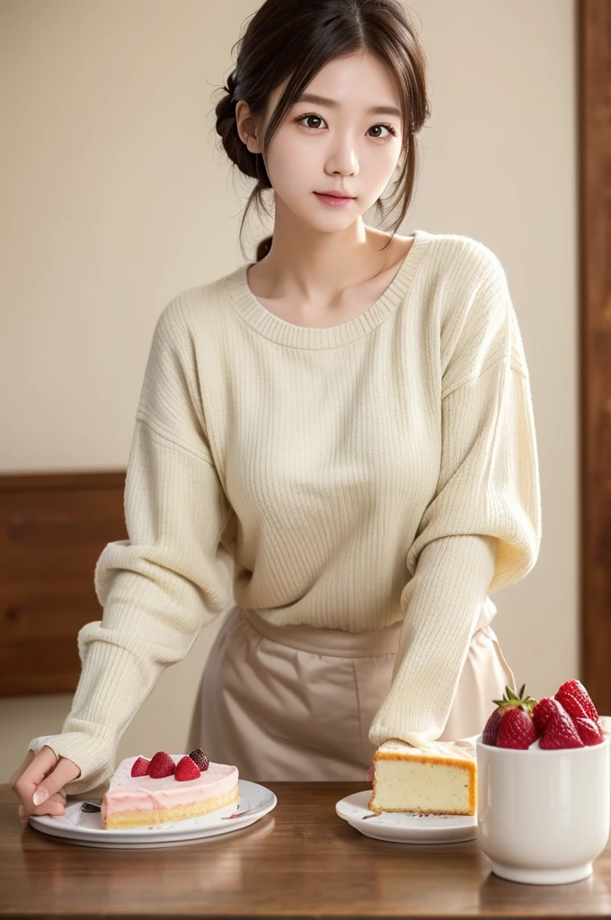 Pastry Chef、Long sleeve、(Highest quality)、((Very detailed))、4K、(8K)、masterpiece、Very detailedな、Highest quality、Super Resolution、1 person、Kind Face、Soft Light、RAW quality、Soft Skin、163cm、Cake Shop、Cheesecake